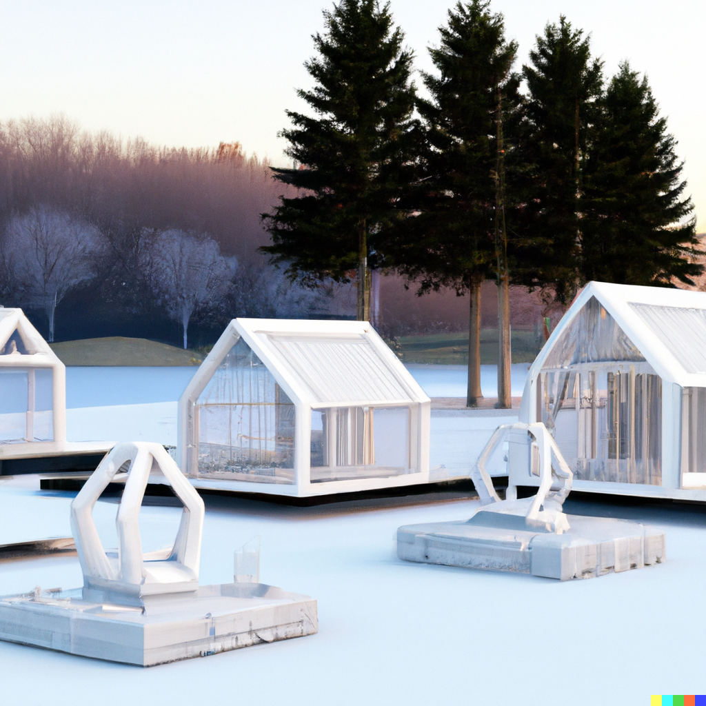 construction of 5 real houses built on 3D printers. In a futuristic landscape